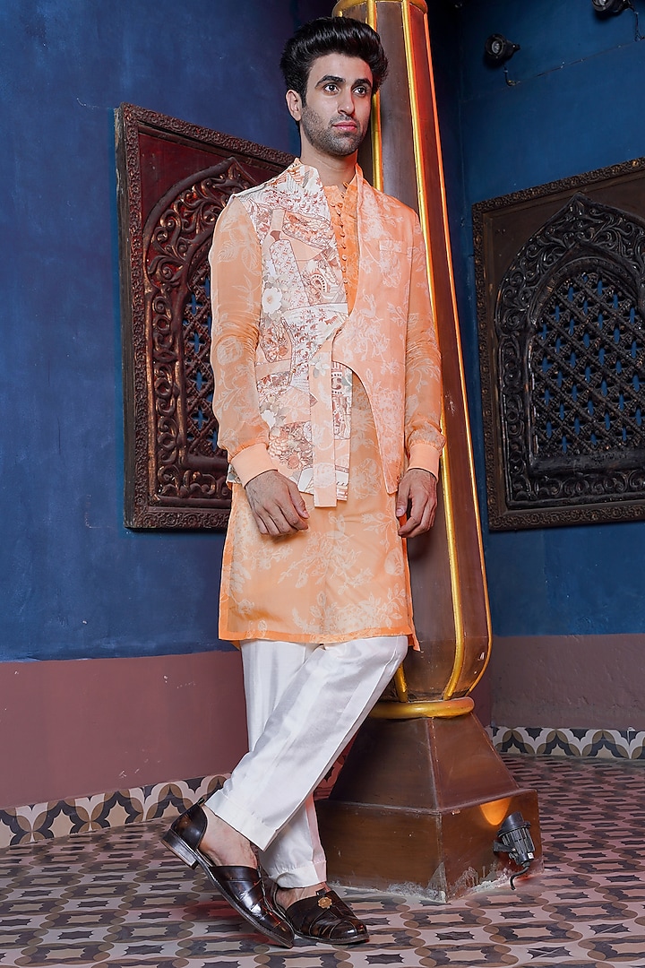 Tangerine Habutai Organza Waistcoat Set by Ankur J Men