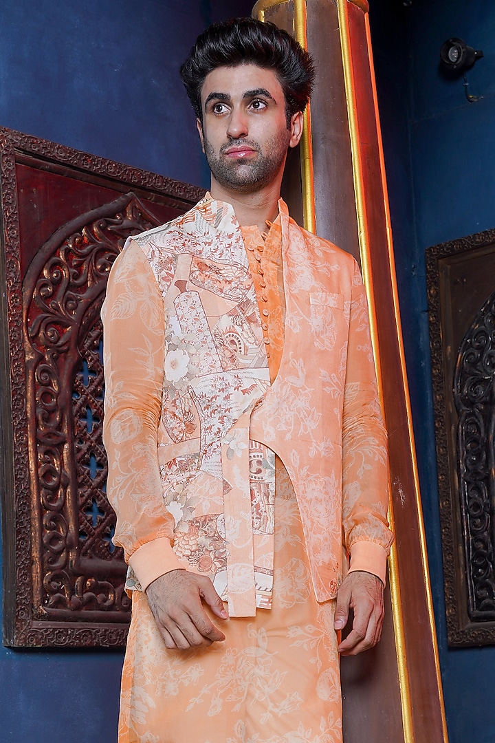 Tangerine Habutai Organza Waistcoat Set by Ankur J Men at Pernia's Pop Up Shop