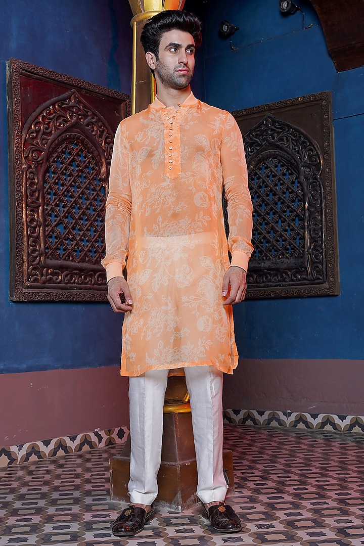 Tangerine Habutai Organza Kurta Set by Ankur J Men