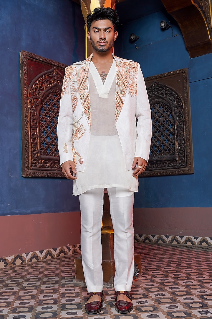 Alabaster Cream Habutai Organza Blazer Set by Ankur J Men