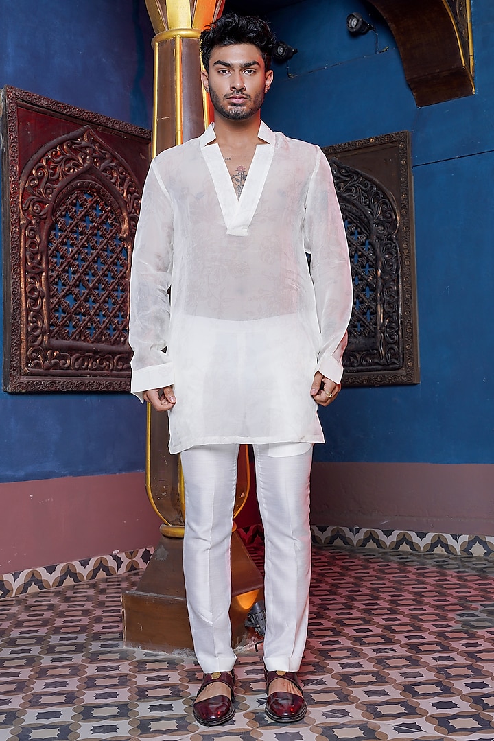 Alabaster Cream Habutai Organza Kurta Set by Ankur J Men