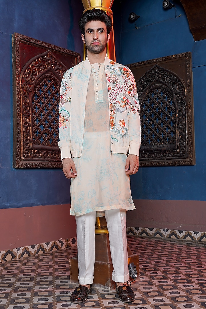 Alabaster Cream Habutai Organza Bomber Jacket Set by Ankur J Men