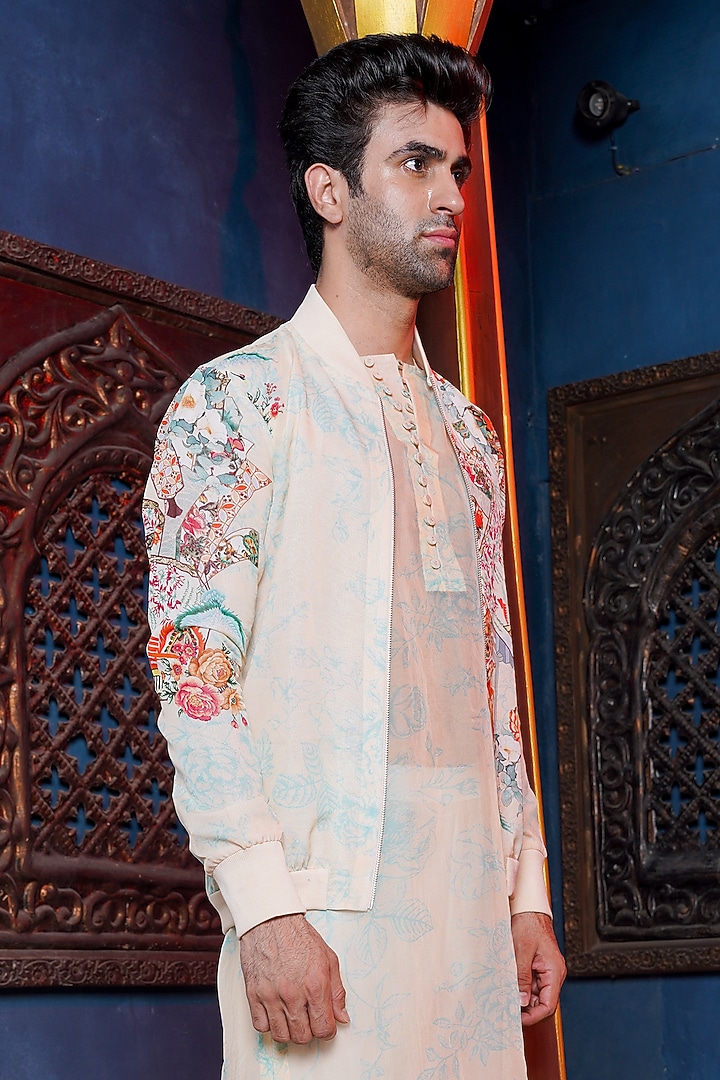 Alabaster Cream Habutai Organza Bomber Jacket Set by Ankur J Men at Pernia's Pop Up Shop