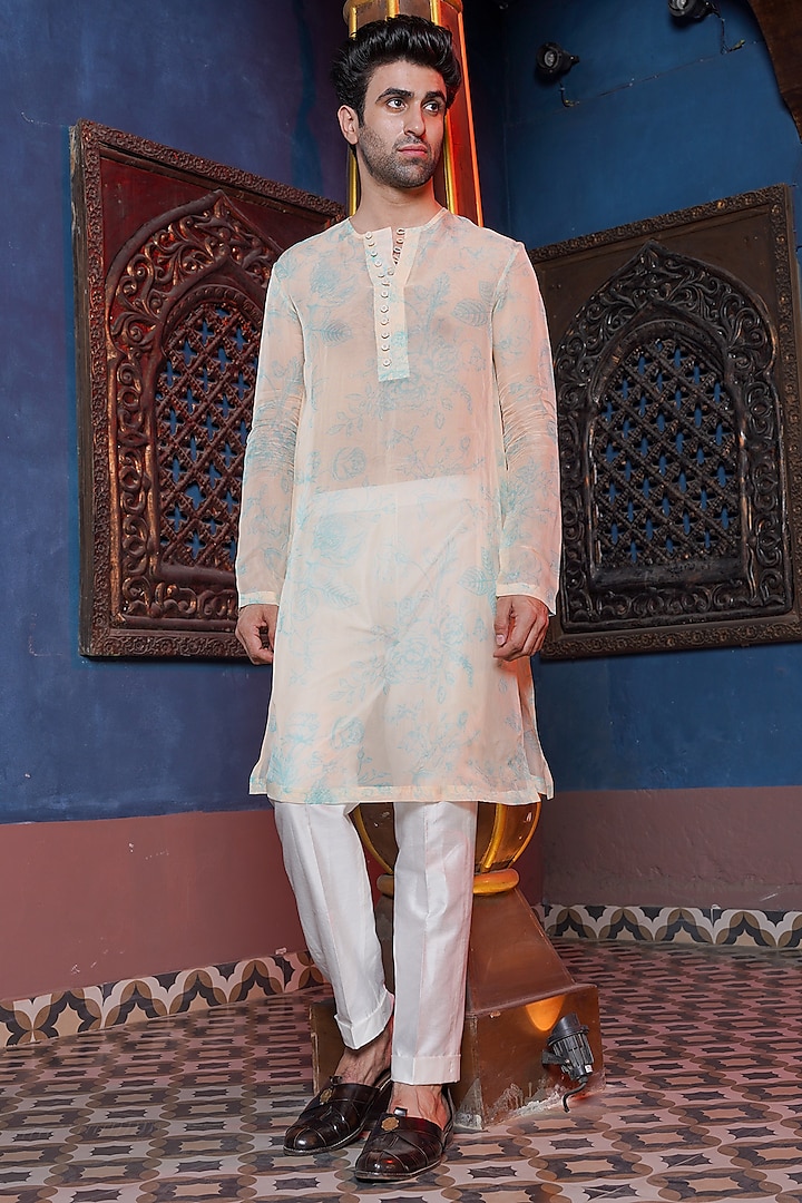 Alabaster Cream Habutai Organza Kurta Set by Ankur J Men