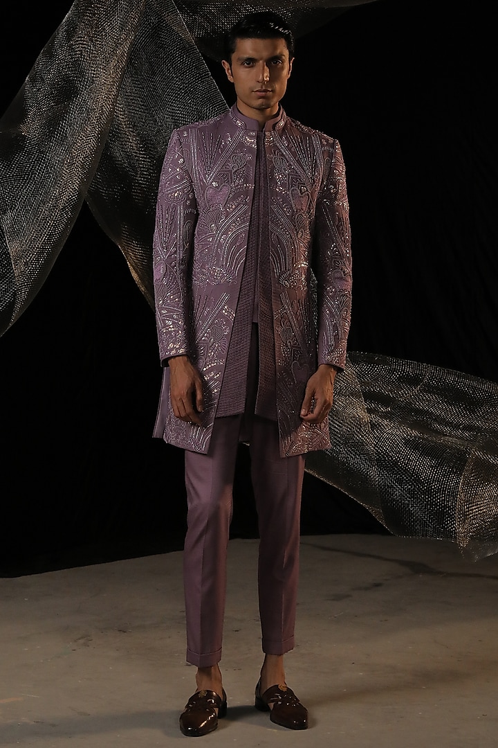 Orchid Mauve Moss Crepe Embroidered Indowestern Set by Ankur J Men