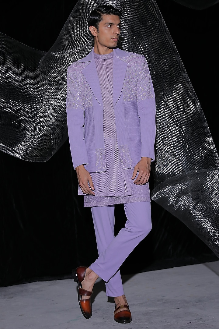 Lilac Crepe Embroidered Wedding Indowesternn Set by Ankur J Men at Pernia's Pop Up Shop