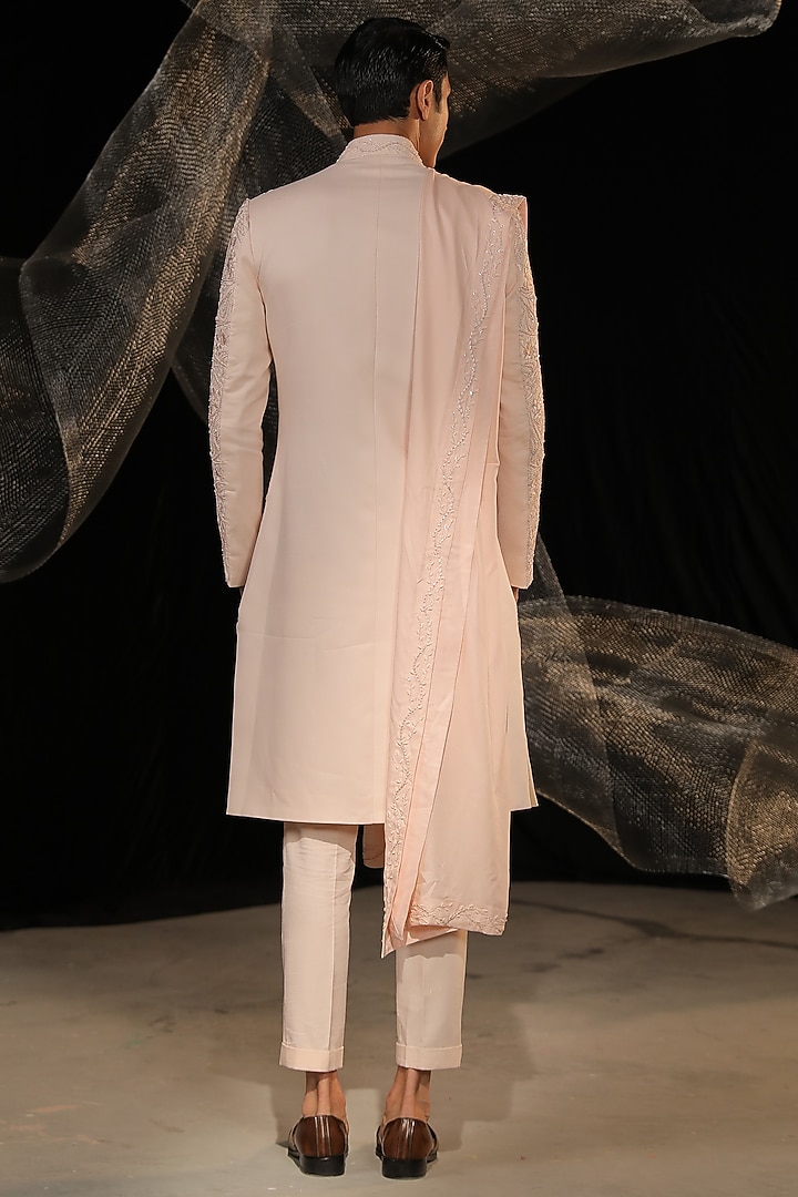 Blush Pink Crepe Embroidered Groom Sherwani Set by Ankur J Men at Pernia's Pop Up Shop