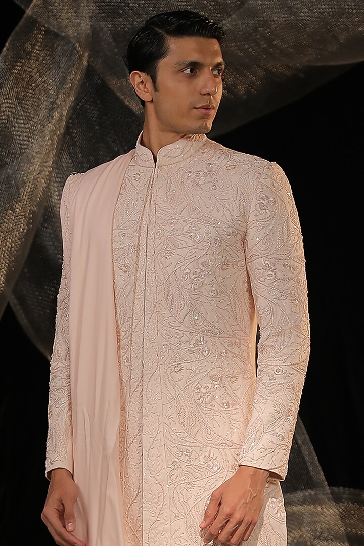 Blush Pink Crepe Embroidered Groom Sherwani Set by Ankur J Men at Pernia's Pop Up Shop