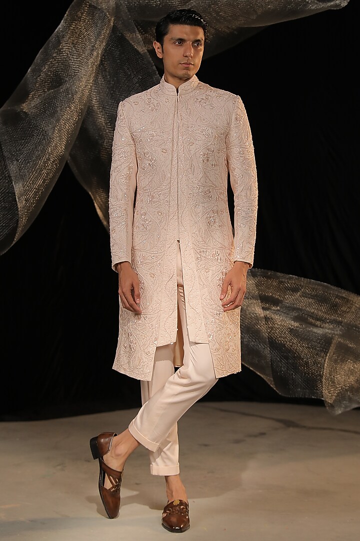 Blush Pink Crepe Embroidered Groom Sherwani Set by Ankur J Men at Pernia's Pop Up Shop