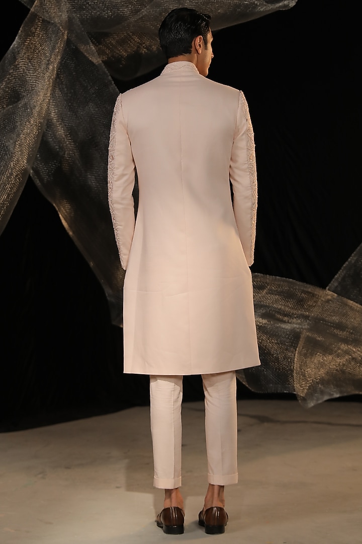 Blush Pink Crepe Embroidered Groom Sherwani Set by Ankur J Men at Pernia's Pop Up Shop