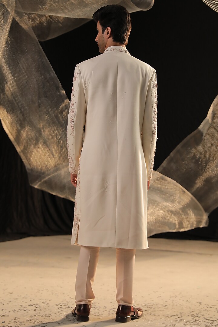 Cream Moss Crepe Embroidered Groom Sherwani Set by Ankur J Men at Pernia's Pop Up Shop