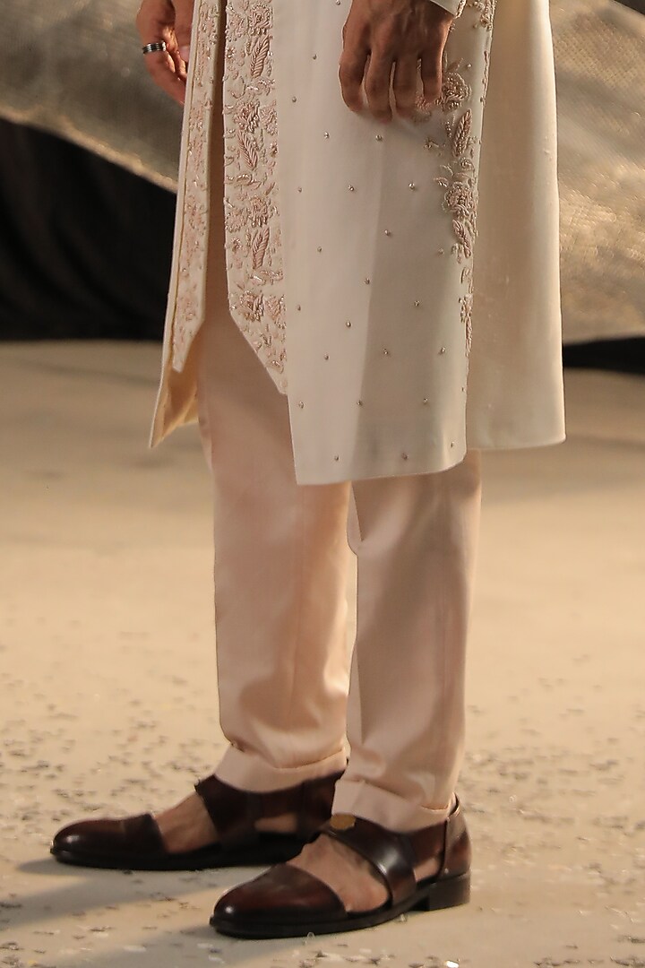 Cream Moss Crepe Embroidered Groom Sherwani Set by Ankur J Men at Pernia's Pop Up Shop
