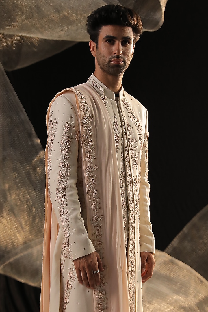 Cream Moss Crepe Embroidered Groom Sherwani Set by Ankur J Men at Pernia's Pop Up Shop