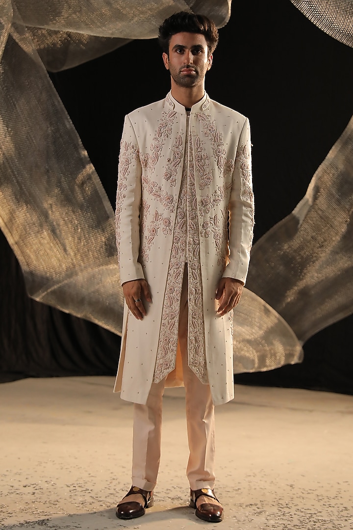 Cream Moss Crepe Embroidered Groom Sherwani Set by Ankur J Men at Pernia's Pop Up Shop