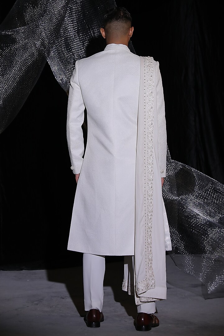 Pearl White Avadhi Silk Groom Sherwani Set by Ankur J Men at Pernia's Pop Up Shop