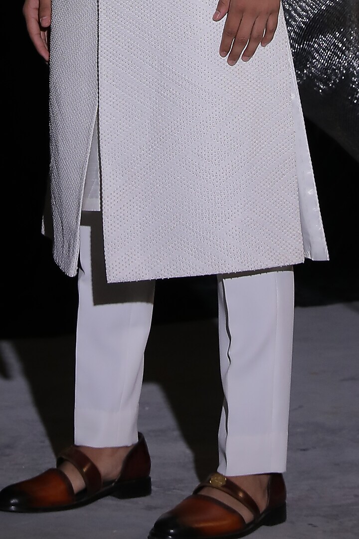 Pearl White Avadhi Silk Groom Sherwani Set by Ankur J Men at Pernia's Pop Up Shop