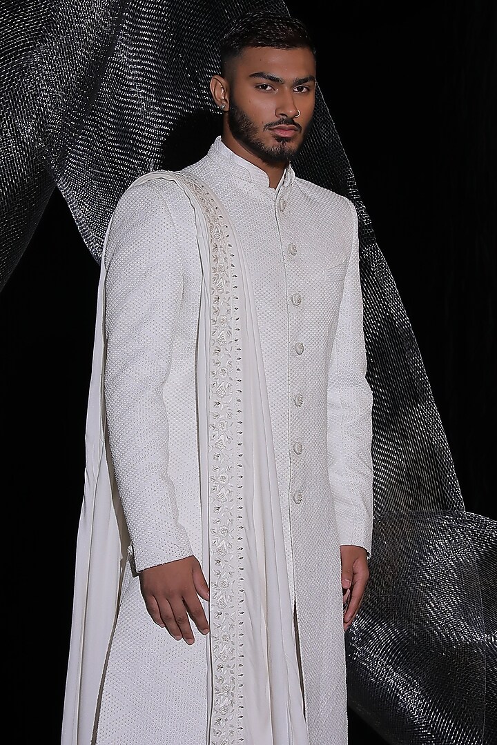 Pearl White Avadhi Silk Groom Sherwani Set by Ankur J Men at Pernia's Pop Up Shop