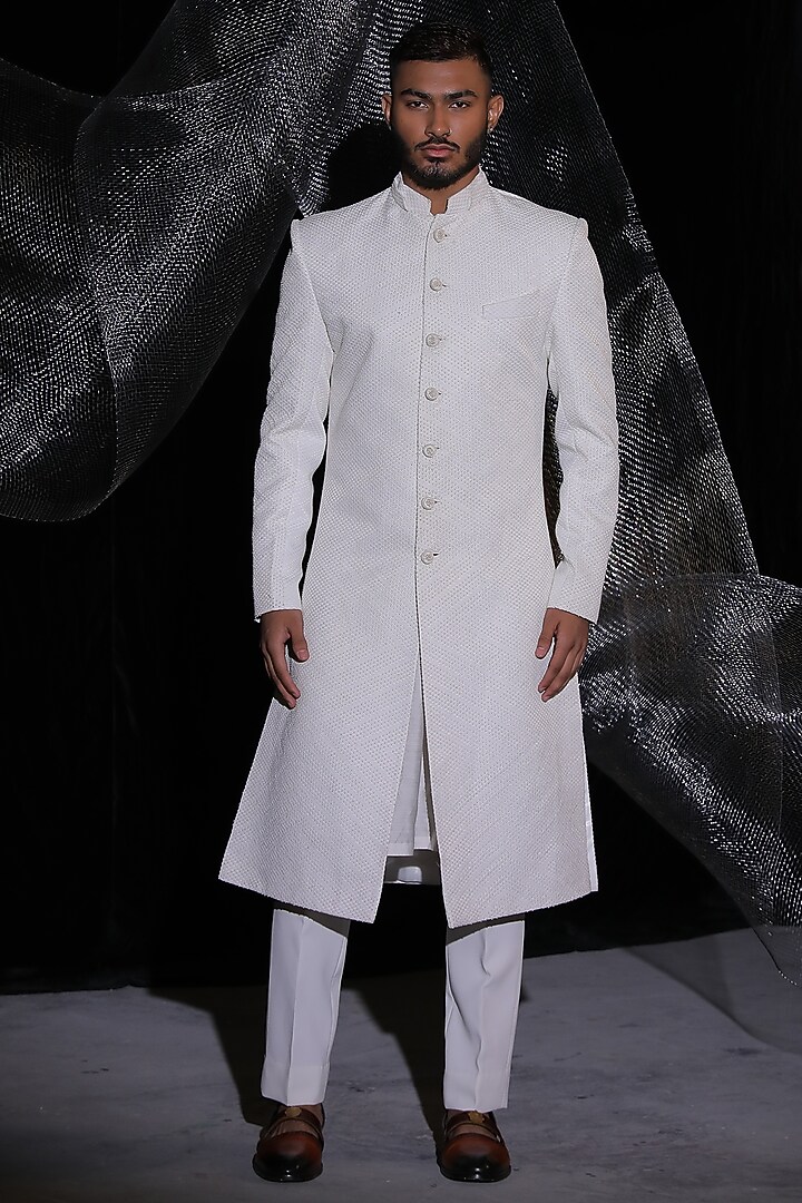 Pearl White Avadhi Silk Groom Sherwani Set by Ankur J Men at Pernia's Pop Up Shop