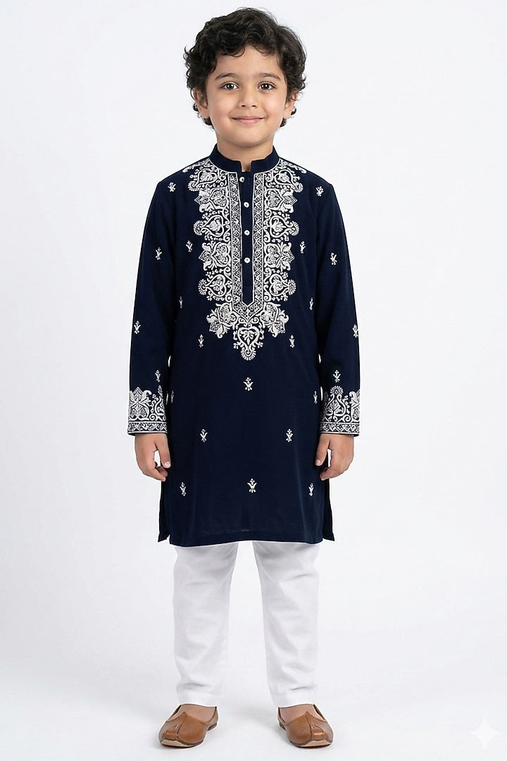 Navy Blue Cotton Silk Thread Embroidered Kurta Set For Boys by Ankit V kapoor Kids at Pernia's Pop Up Shop