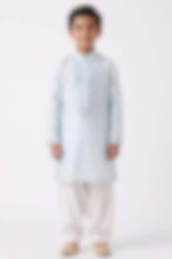 Light Blue Cotton Silk Mirror Embellished Kurta Set For Boys by Ankit V kapoor Kids at Pernia's Pop Up Shop