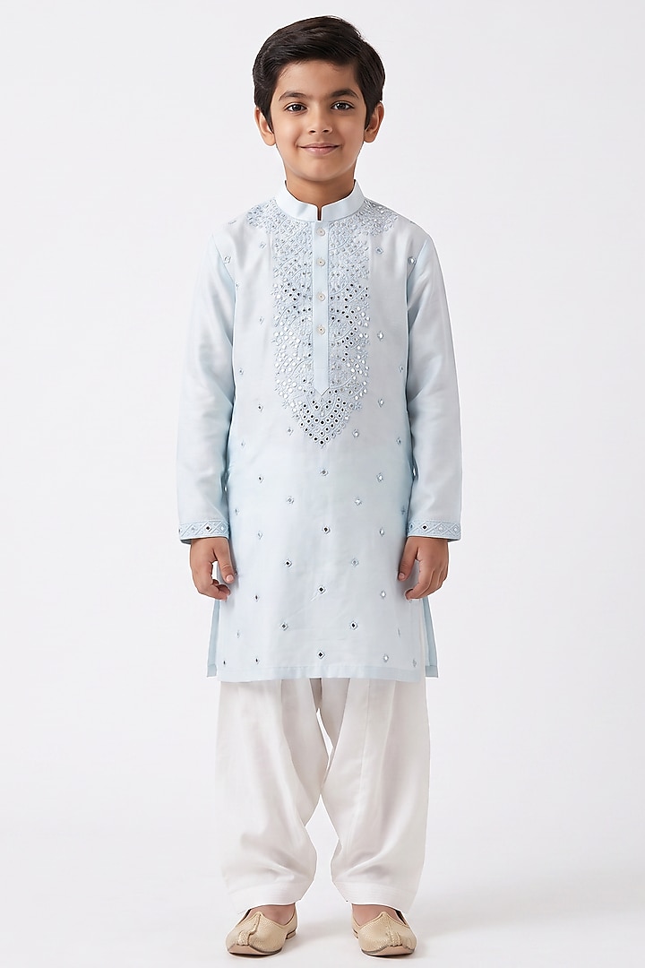Light Blue Cotton Silk Mirror Embellished Kurta Set For Boys by Ankit V kapoor Kids at Pernia's Pop Up Shop