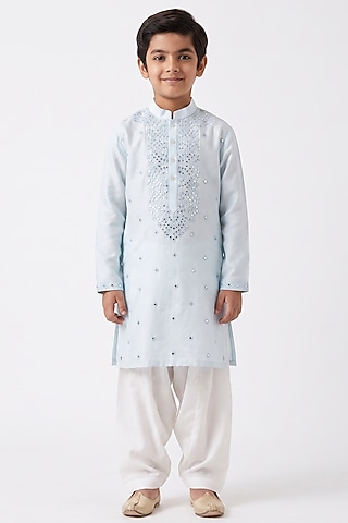 Light Blue Cotton Silk Mirror Embellished Kurta Set For Boys by Ankit V kapoor Kids