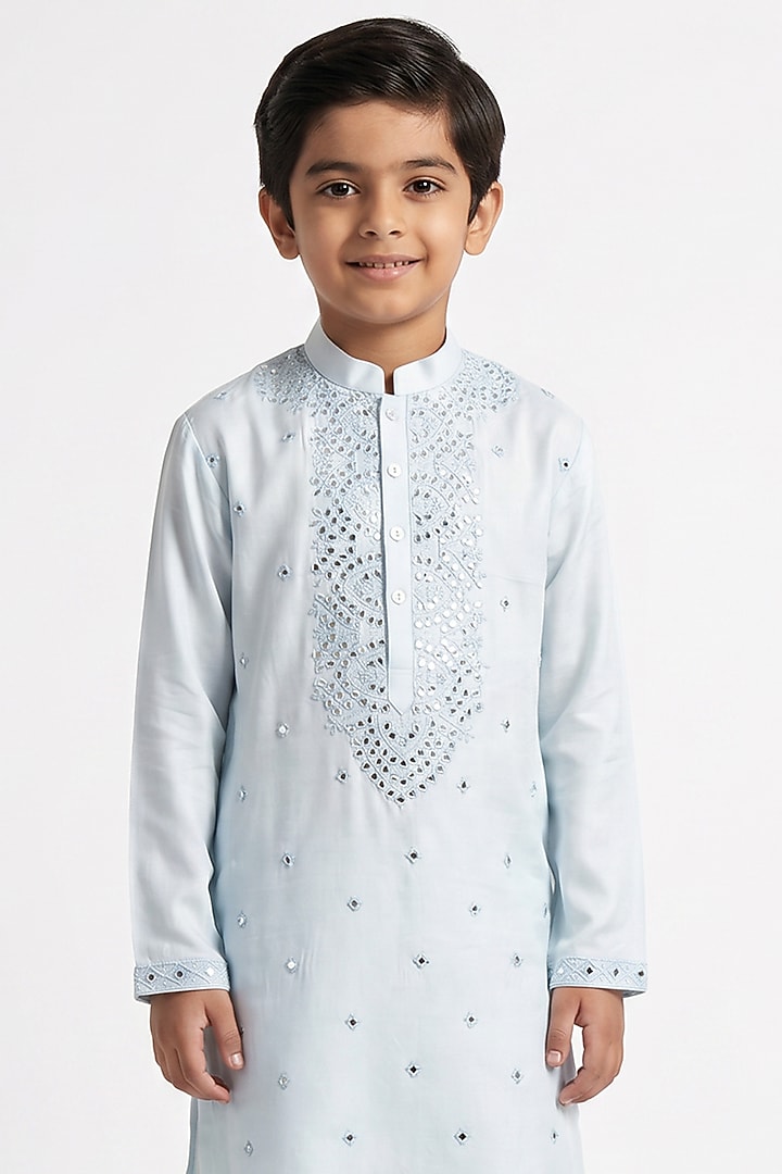 Light Blue Cotton Silk Mirror Embellished Kurta Set For Boys by Ankit V kapoor Kids at Pernia's Pop Up Shop