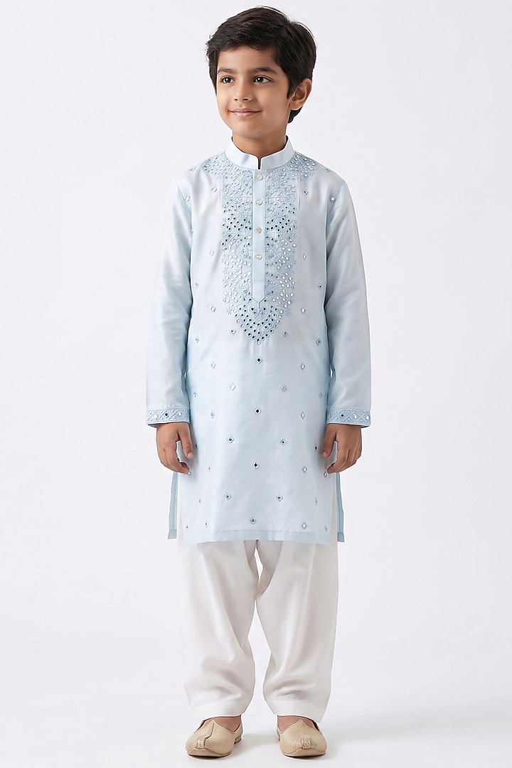 Light Blue Cotton Silk Mirror Embellished Kurta Set For Boys by Ankit V kapoor Kids at Pernia's Pop Up Shop