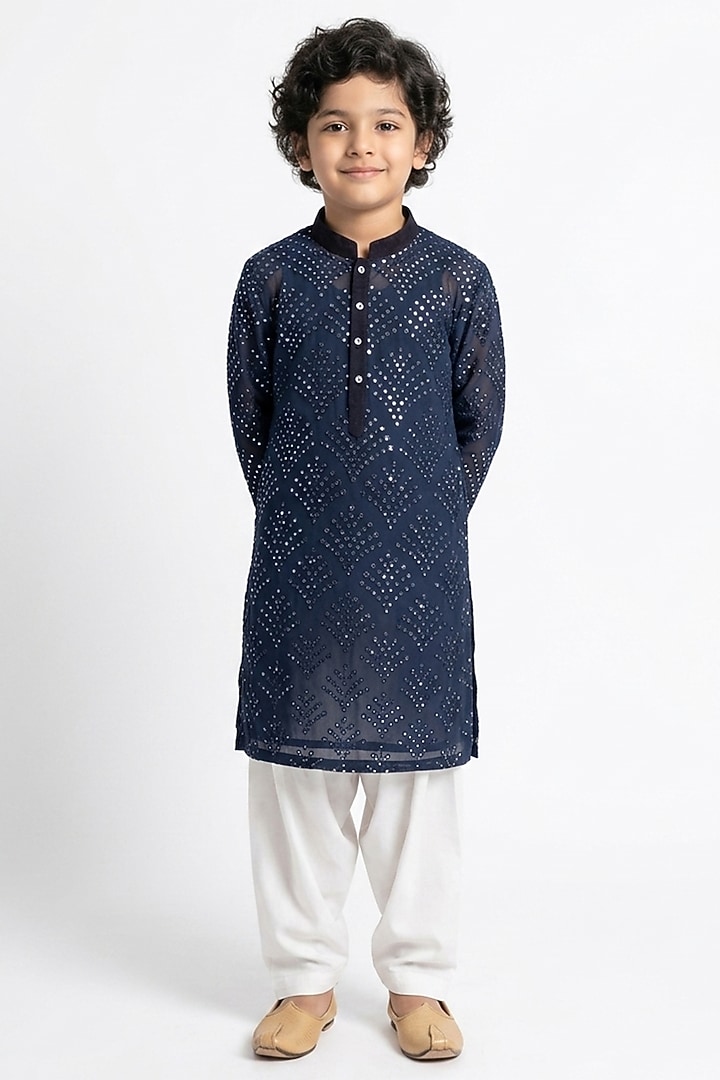 Navy Blue Cotton Silk Chikankari Work Kurta Set For Boys by Ankit V kapoor Kids at Pernia's Pop Up Shop