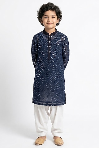 Navy Blue Cotton Silk Chikankari Work Kurta Set For Boys by Ankit V kapoor Kids