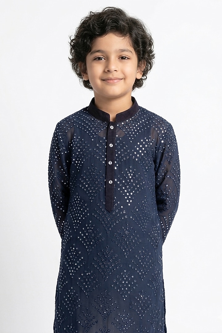 Navy Blue Cotton Silk Chikankari Work Kurta Set For Boys by Ankit V kapoor Kids at Pernia's Pop Up Shop