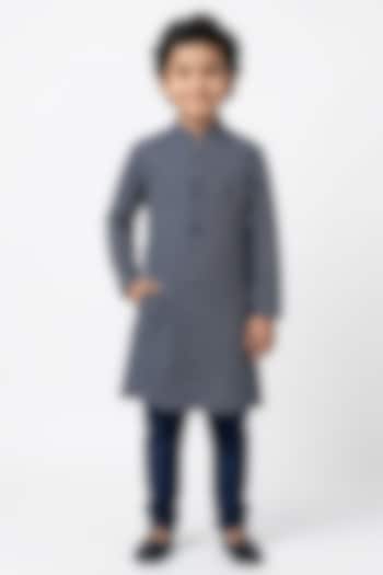 Navy Blue Cotton Silk Kurta Set For Boys by Ankit V kapoor Kids at Pernia's Pop Up Shop