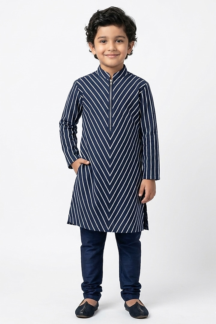 Navy Blue Cotton Silk Kurta Set For Boys by Ankit V kapoor Kids at Pernia's Pop Up Shop