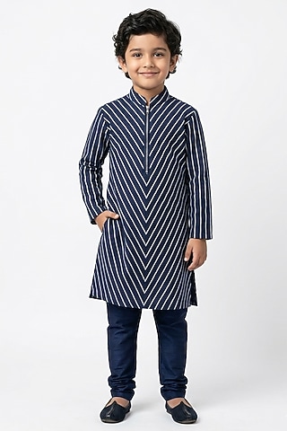 Navy Blue Cotton Silk Kurta Set For Boys by Ankit V kapoor Kids