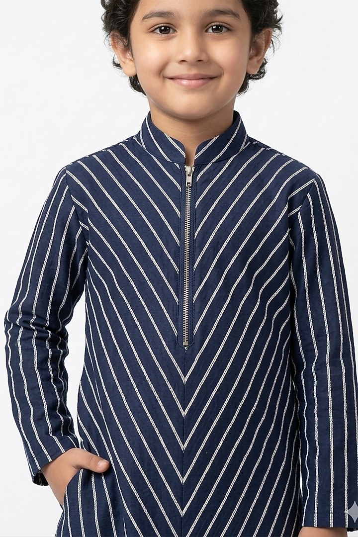 Navy Blue Cotton Silk Kurta Set For Boys by Ankit V kapoor Kids at Pernia's Pop Up Shop