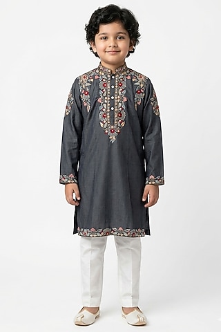 Charcoal Grey Cotton Silk Floral Embroidered Kurta Set For Boys by Ankit V kapoor Kids