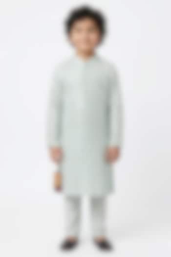 Mint Green Cotton Silk Mirror Embellished Kurta Set For Boys by Ankit V kapoor Kids at Pernia's Pop Up Shop