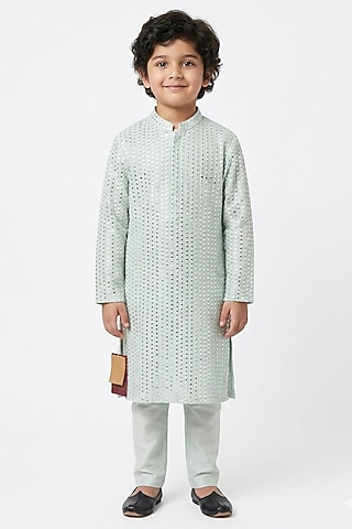 Mint Green Cotton Silk Mirror Embellished Kurta Set For Boys by Ankit V kapoor Kids