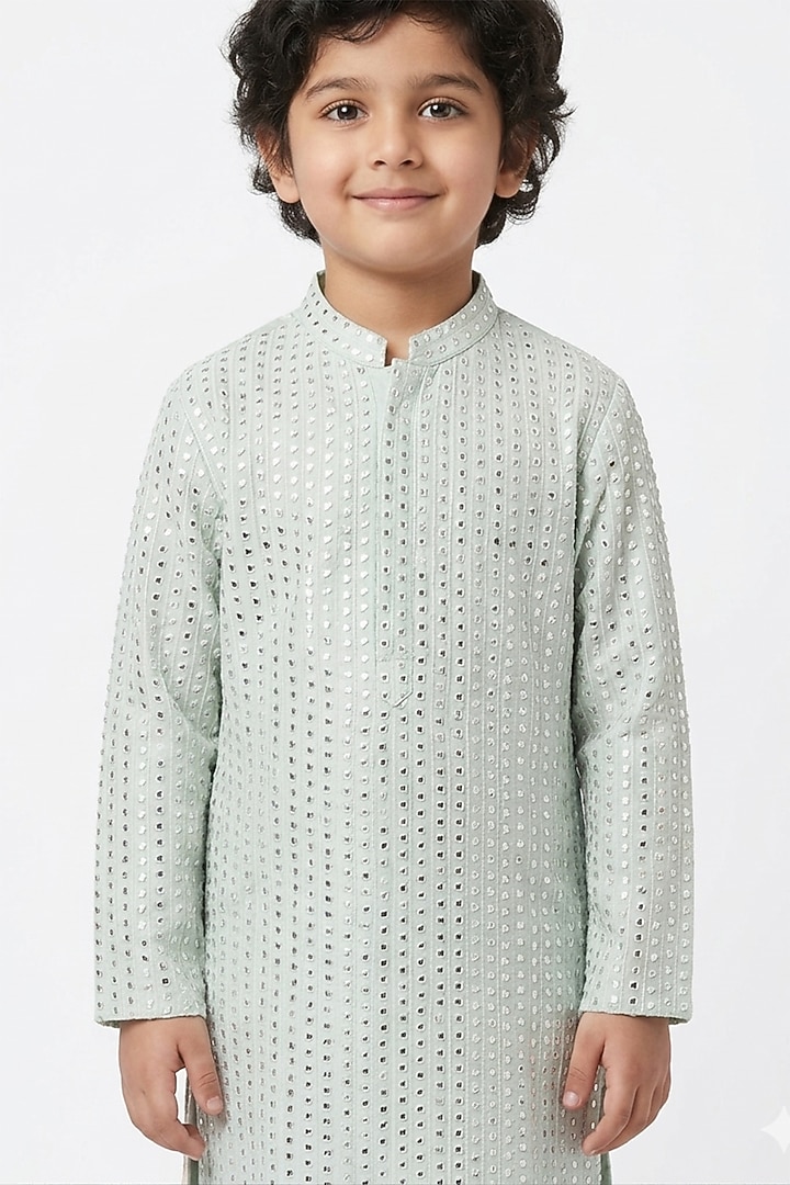 Mint Green Cotton Silk Mirror Embellished Kurta Set For Boys by Ankit V kapoor Kids at Pernia's Pop Up Shop