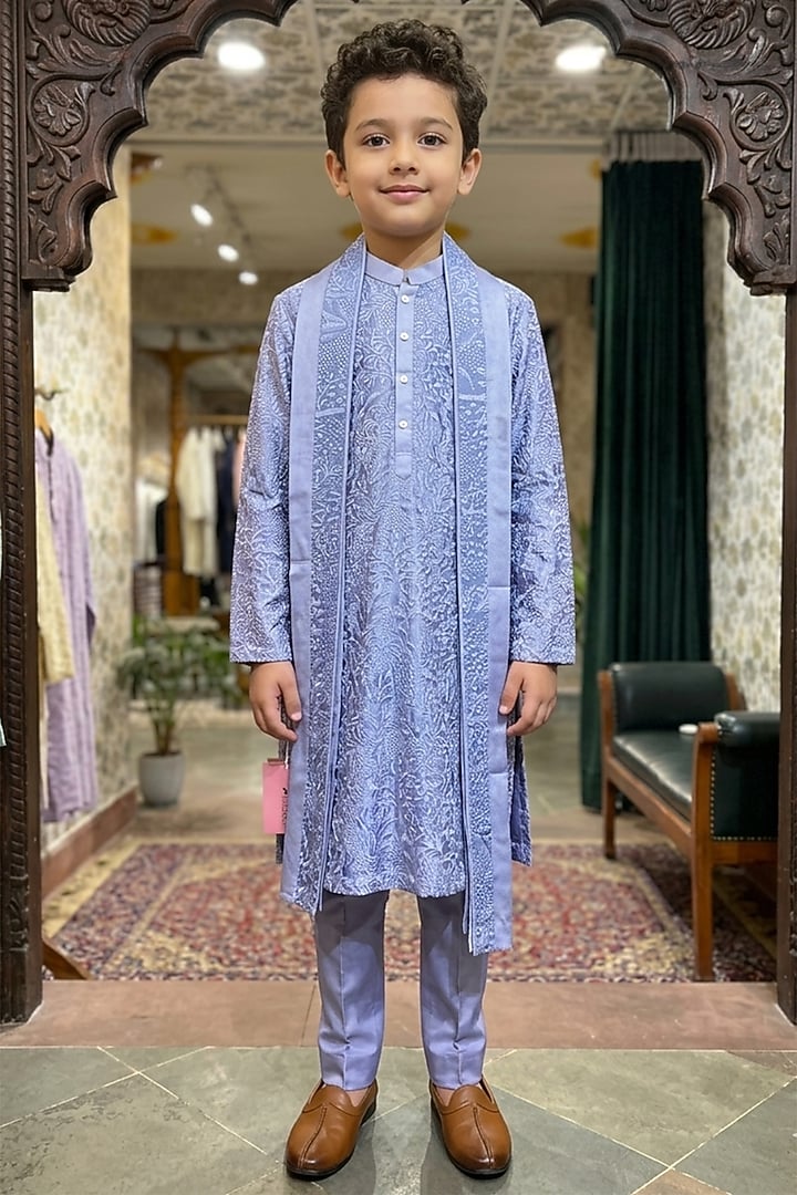 Lavender Blue Cotton Silk Embroidered Kurta Set For Boys by Ankit V kapoor Kids at Pernia's Pop Up Shop