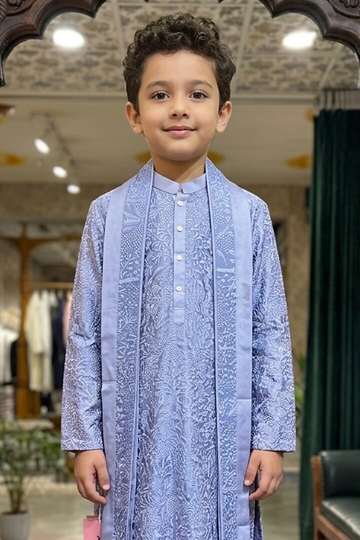 Lavender Blue Cotton Silk Embroidered Kurta Set For Boys by Ankit V kapoor Kids at Pernia's Pop Up Shop