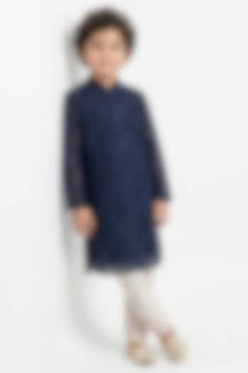 Navy Blue Cotton Silk Chikankari Embroidered Kurta Set For Boys by Ankit V kapoor Kids at Pernia's Pop Up Shop