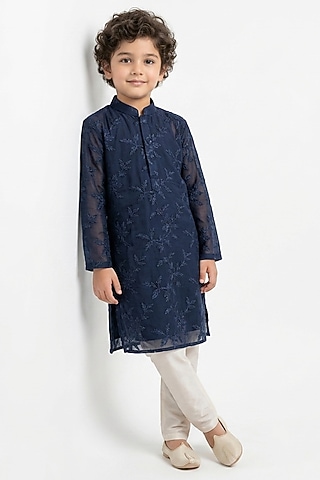 Navy Blue Cotton Silk Chikankari Embroidered Kurta Set For Boys by Ankit V kapoor Kids