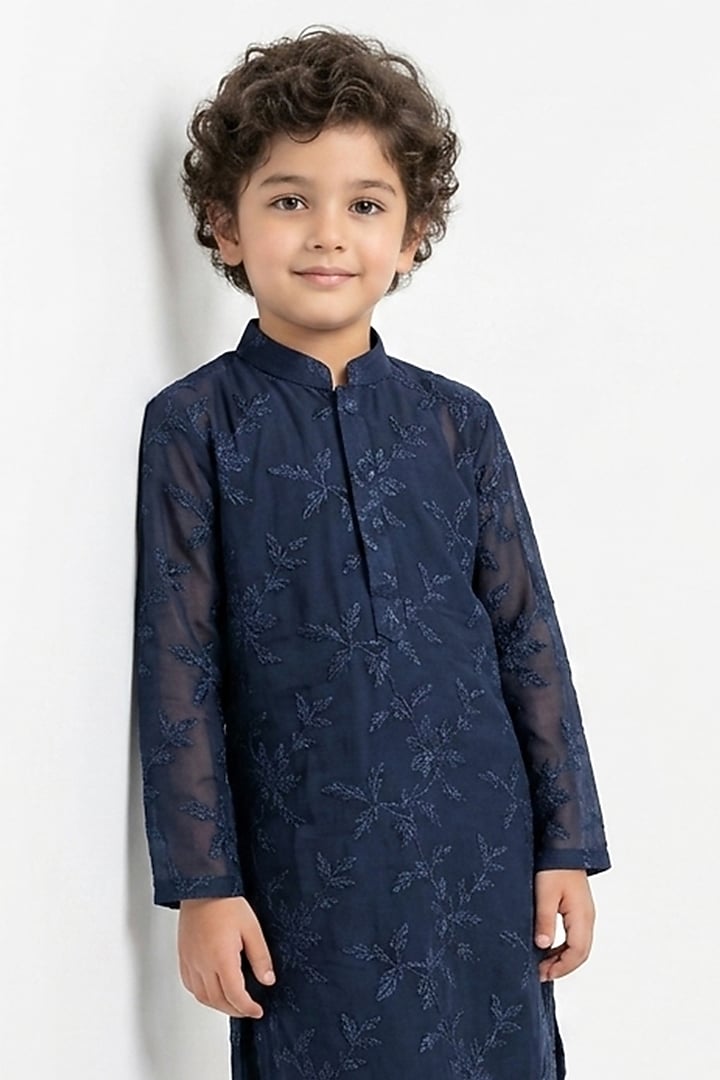 Navy Blue Cotton Silk Chikankari Embroidered Kurta Set For Boys by Ankit V kapoor Kids at Pernia's Pop Up Shop