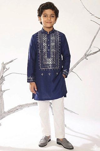 Navy Blue Cotton Silk Mirror Work Kurta Set For Boys by Ankit V kapoor Kids