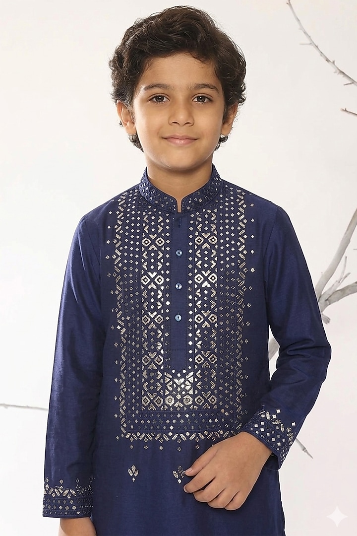 Navy Blue Cotton Silk Mirror Work Kurta Set For Boys by Ankit V kapoor Kids at Pernia's Pop Up Shop