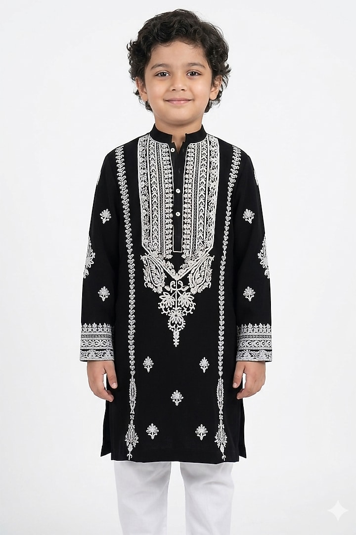 Black Cotton Silk Floral Embroidered Kurta Set For Boys by Ankit V kapoor Kids at Pernia's Pop Up Shop
