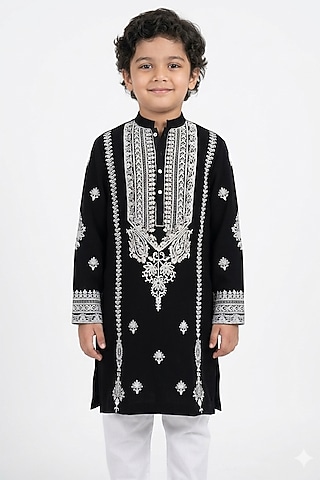 Black Cotton Silk Floral Embroidered Kurta Set For Boys by Ankit V kapoor Kids