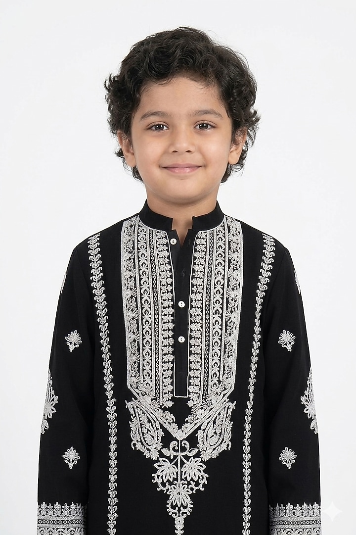 Black Cotton Silk Floral Embroidered Kurta Set For Boys by Ankit V kapoor Kids at Pernia's Pop Up Shop