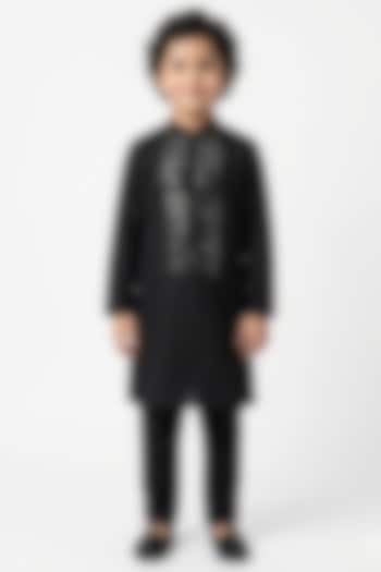 Black Cotton Silk Mirror Embellished Kurta Set For Boys by Ankit V kapoor Kids at Pernia's Pop Up Shop